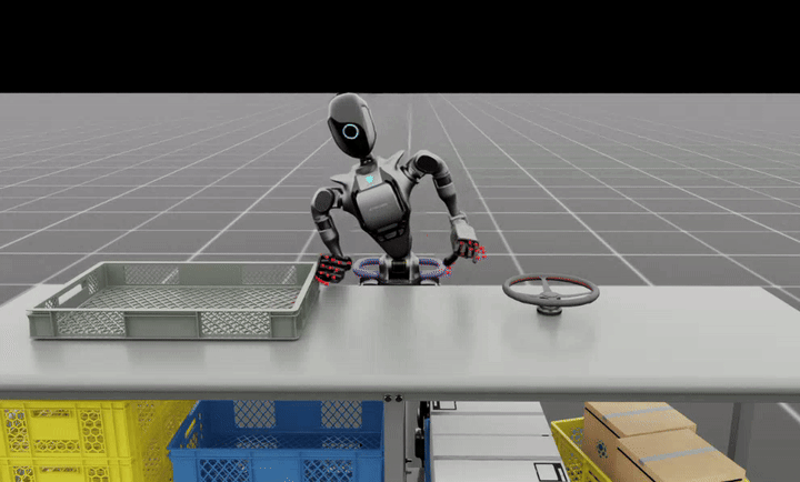 Gif showing humanoid robot standing at a desk, reaching and bending at the waist.