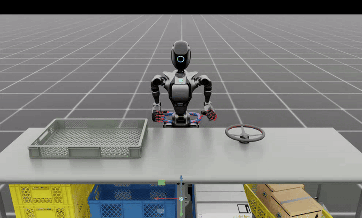 Gif showing a humanoid robot standing at a desk and reaching. 