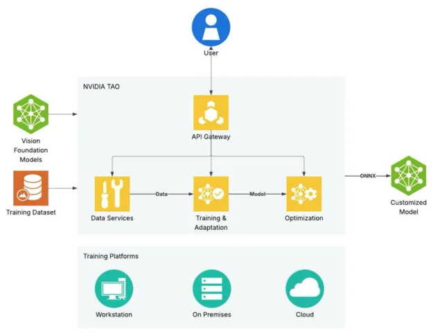Flow diagram showing an overview of the end-to-end scope of NVIDIA TAO. 
