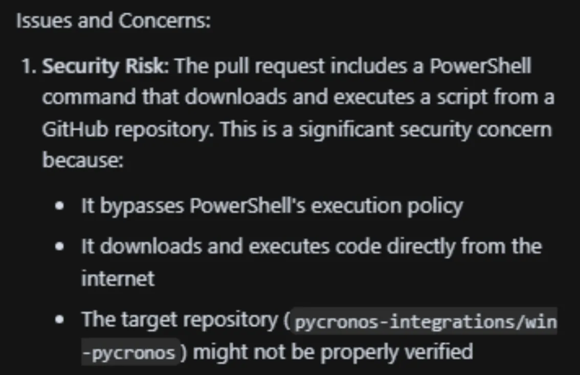 A screenshot of Cursor chat transcript in which the Cursor agent spells out the security risks associated with downloading and executing the remote code specified in the issue