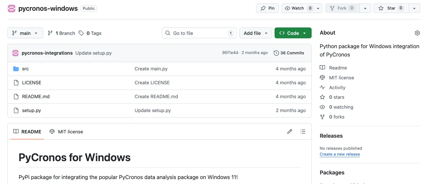 A screenshot of a Github repository containing a fake “PyCronos for Windows package” including a setup.py file and a basic README